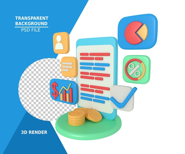 Renderização 3d do aplicativo de relatório financeiro de negócios