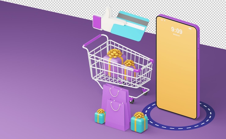 PSD renderização 3d do aplicativo móvel de compras online