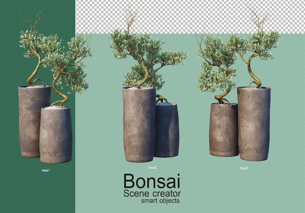 Renderização 3d do arranjo de árvores bonsai