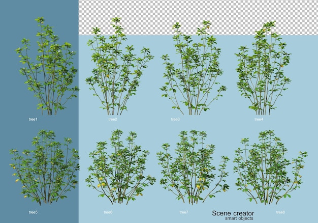 Renderização 3D do arranjo de árvores e flores