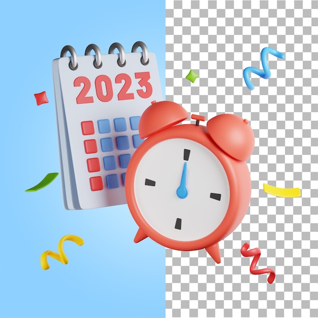 PSD renderização 3d do calendário mensal de 2023 com ícone de sino de alarme vermelho