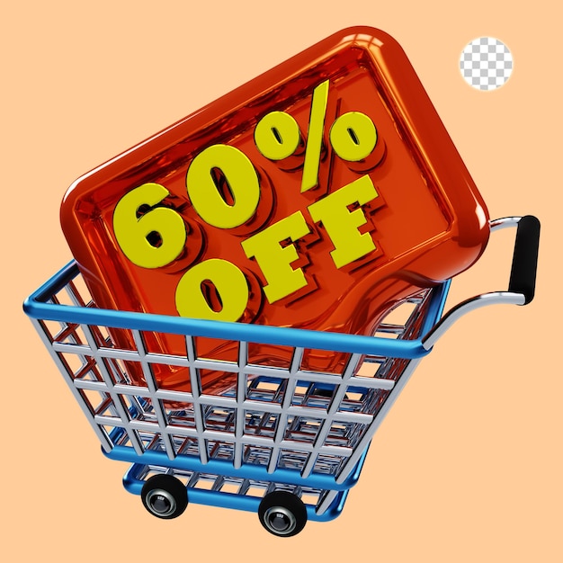 renderização 3D do carrinho de compras com 60 por cento de venda