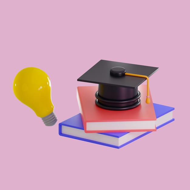 PSD renderização 3d do chapéu de formatura e livro mínimo e planta na cor pastel rosa e roxa