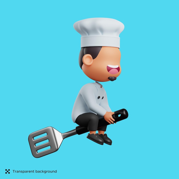 PSD renderização 3d do chef montando uma espátula. ilustração de personagem fofa