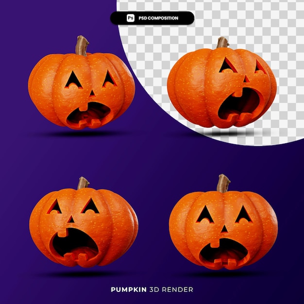 Renderização 3d do conceito de halloween jack pumpkins com diferentes ângulos isolados