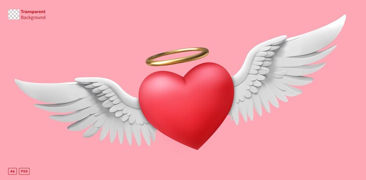 PSD renderização 3d do coração vermelho de são valentim com asas de anjo e anel