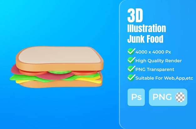 Renderização 3d do ícone de fast food de sanduíche