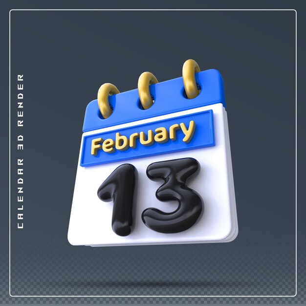 Renderização 3d do ícone do calendário de 13 de fevereiro