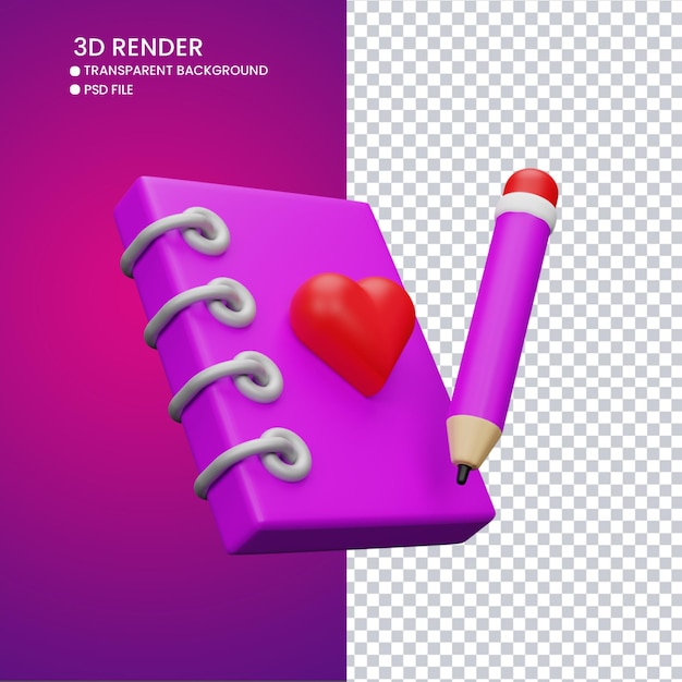 renderização 3D do livro de contato fofo com lápis