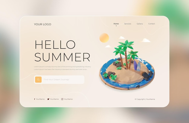 Renderização 3d do modelo de design da página de destino hello de verão
