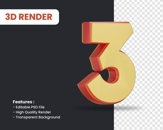 Renderização 3D do número 3 com efeito brilhante isolado