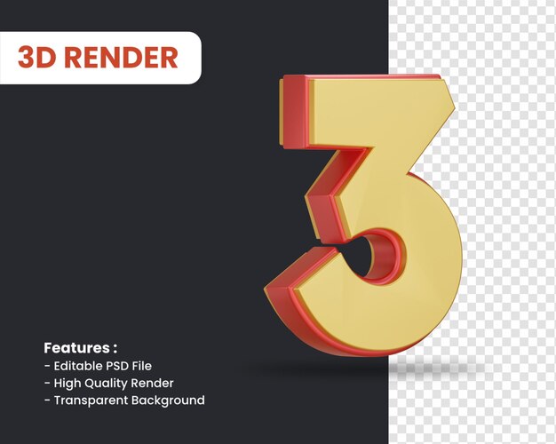Renderização 3d do número 3 com efeito brilhante isolado