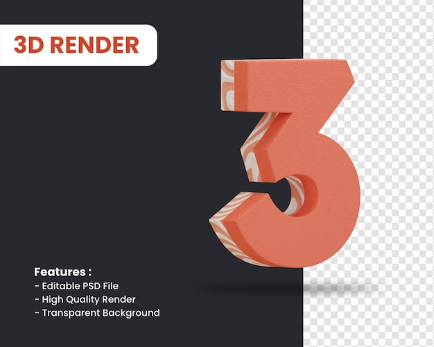 PSD renderização 3d do número 3 com efeito de textura abstrato isolado