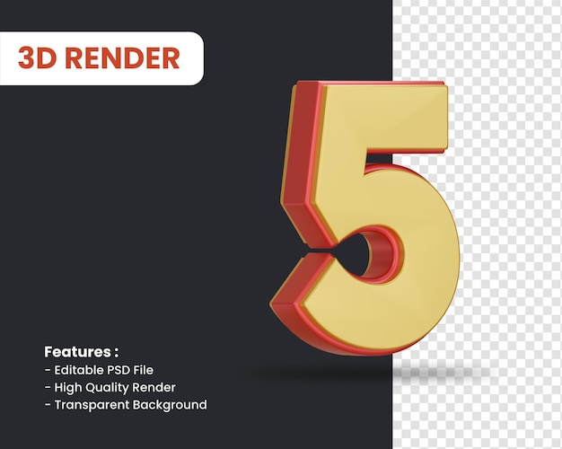 Renderização 3d do número 5 com efeito brilhante isolado