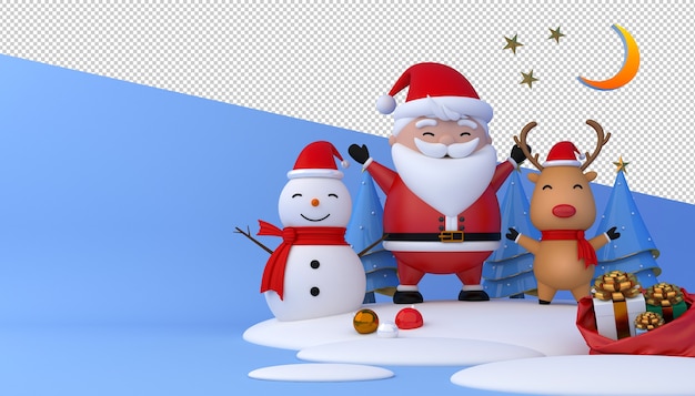 Renderização 3D do Papai Noel, caixa de presente e árvore de Natal