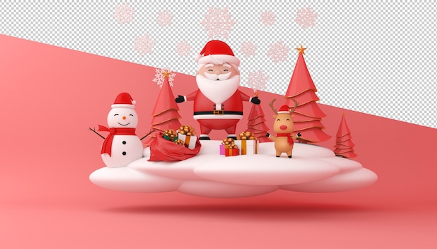 Renderização 3d do papai noel, caixa de presente e árvore de natal