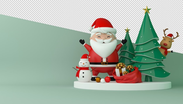 Renderização 3d do papai noel, caixa de presente e árvore de natal