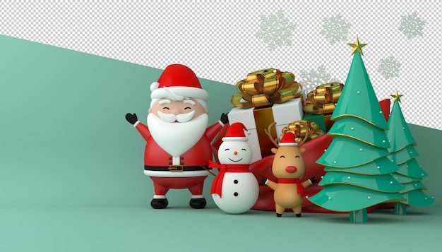 Renderização 3D do Papai Noel, caixa de presente e árvore de Natal