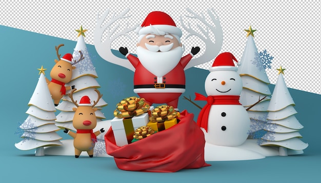 Renderização 3D do Papai Noel, caixa de presente e árvore de Natal