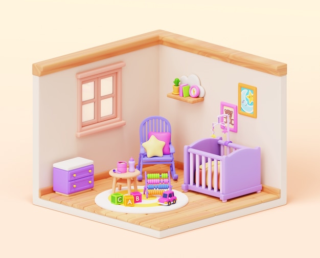 Renderização 3D do quarto do bebê