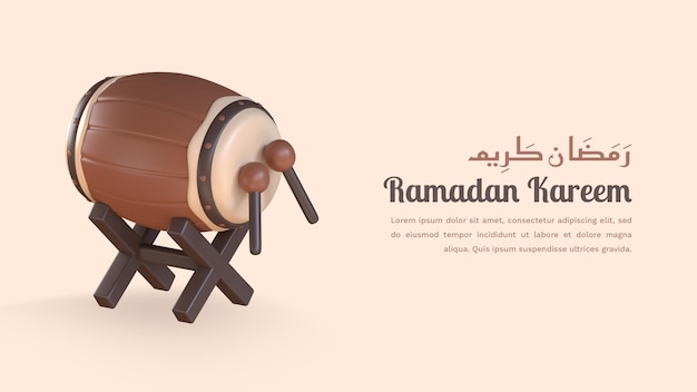 renderização 3D do ramadan kareem com tambor islâmico bedug