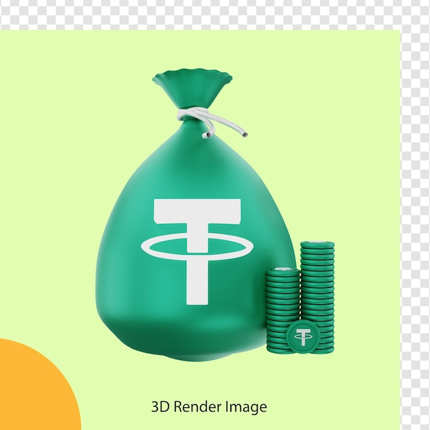 PSD renderização 3d do saco de moedas criptográficas tether