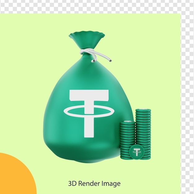 Renderização 3d do saco de moedas criptográficas tether