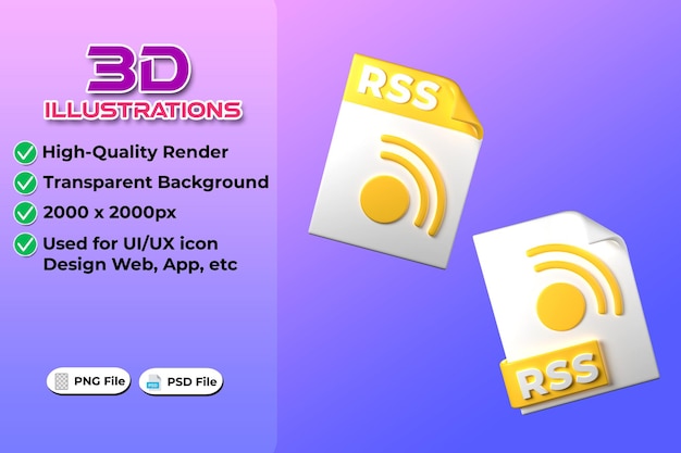 Renderização 3d do tipo de arquivo rss em fundo transparente ui ux design de ícones web e tendência de aplicativos