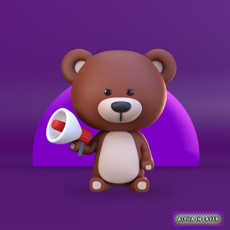 PSD renderização 3d do urso fofo sentado segurando uma ilustração de marketing de megafone