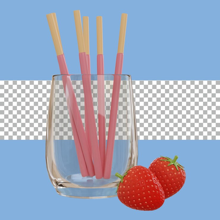 PSD renderização 3d doce morango pocky transparente