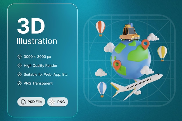 Renderização 3d em todo o mundo conceito de viagem design moderno