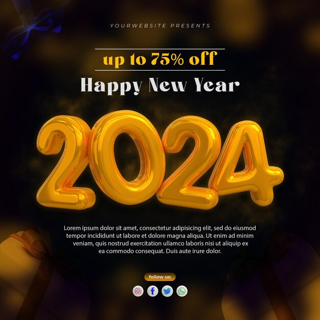 Renderização 3D Feliz ano novo 2024 ouro modelo de design de banner com efeito de texto 3D