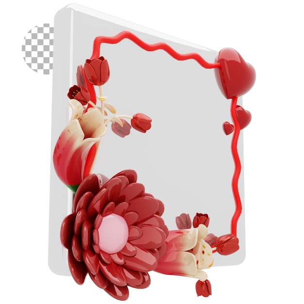 renderização 3D feliz dia dos namorados decorado com flores e folhas
