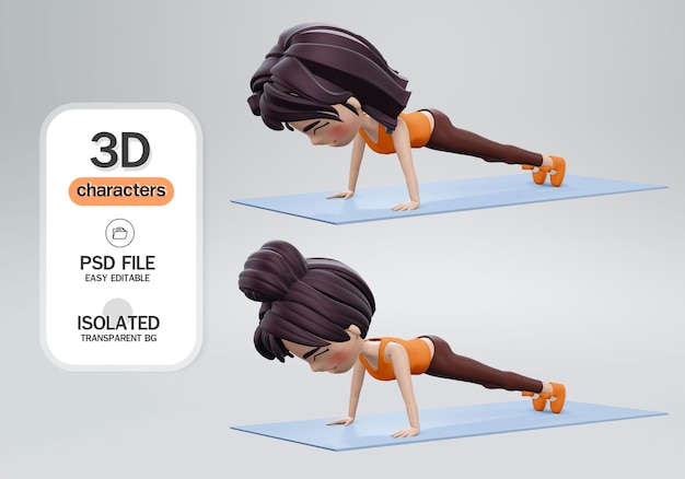 PSD renderização 3d. fitness e treino. uma mulher está fazendo exercícios esportivos. flexões.