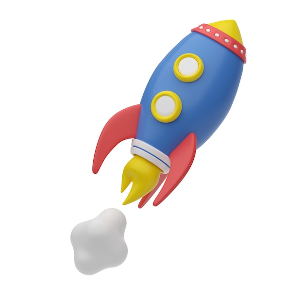 renderização 3D Foguete de desenho animado voando Um símbolo da conquista de metas de inicialização do espaço Ícone de negócios de plástico 3D para aplicativo de site e design de interface do usuário Ilustração isolada