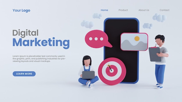 Renderização 3D homem e mulher personagem on-line conceito de marketing digital landing page template psd
