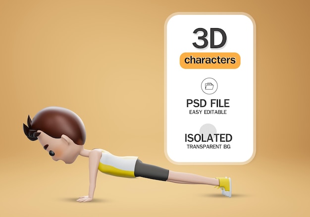 PSD renderização 3d homem praticando ioga fazendo push e press ups prancha pose