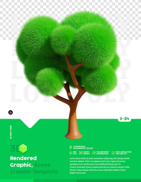 Renderização 3D isolada de árvore de poliéster baixo