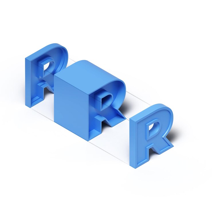 PSD renderização 3d isométrica, cubo de plástico azul, letra r do alfabeto, isolada em fundo transparente