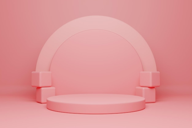 Renderização 3D minimalista em pódio rosa para colocação de produtos
