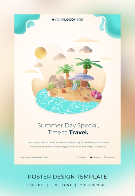 Renderização 3d, modelo de cartaz de verão olá, com ilustração de coqueiro