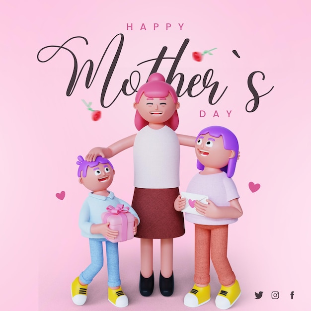 Renderização 3d modelo de dia das mães de renderização 3d com personagem 3d bonito mãe e filho e menina