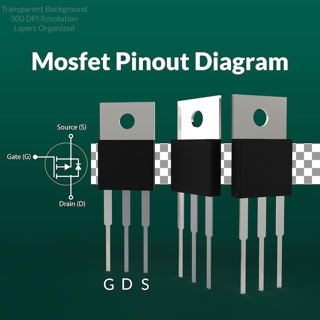 PSD renderização 3d mosfet com diagrama de pinagem transistor de peças eletrônicas em ilustração de alta qualidade