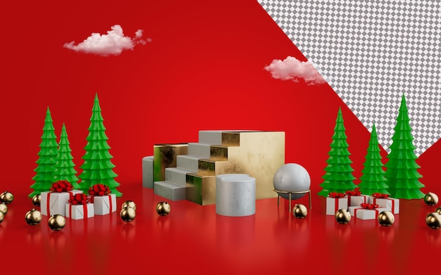 Renderização 3d natal decorar o palco com árvore e bola de natal