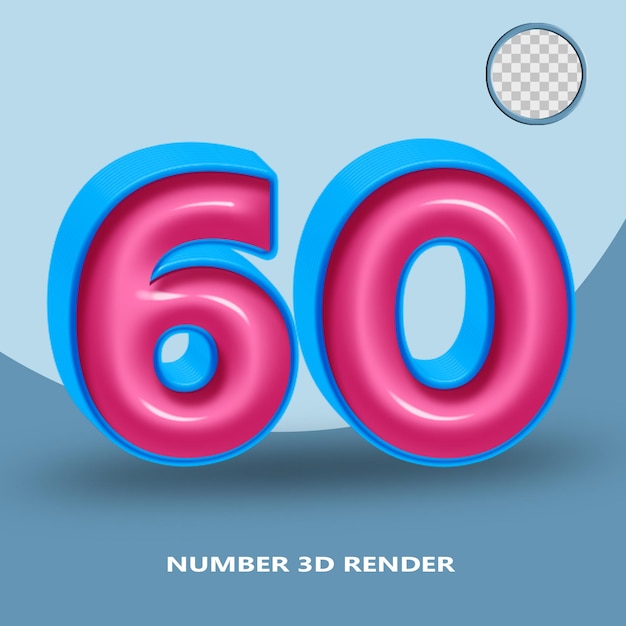 Renderização 3d número 60 azul rosa brilhante cor