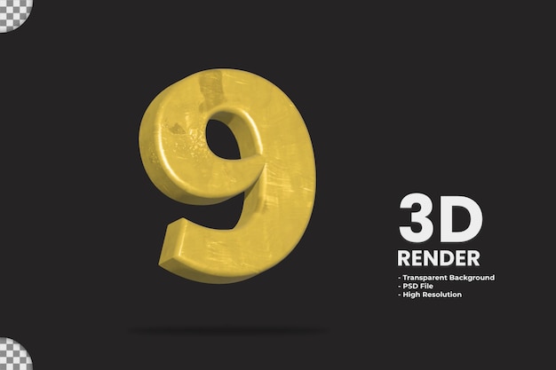 PSD renderização 3d número 9 com material dourado