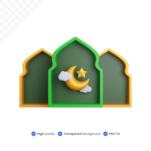 renderização 3D ornamento de três janelas muçulmanas com lua crescente isolada
