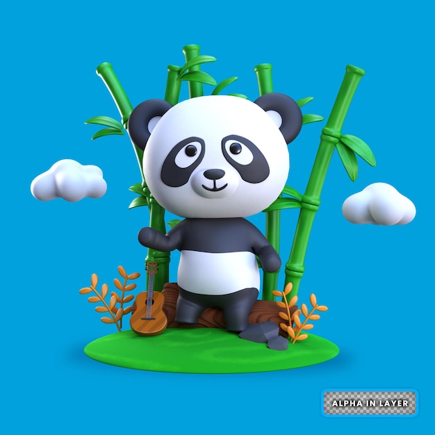 PSD renderização 3d panda sentado no tronco da árvore em uma floresta de bambu.