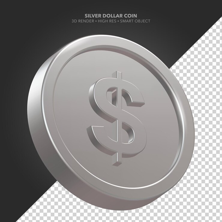 PSD renderização 3d prata vista lateral perspectiva ângulo dólar dinheiro moedas fundo transparente isolado png
