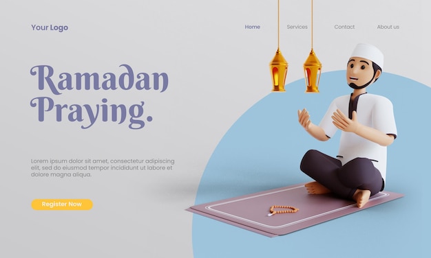 Renderização 3d renderização 3d homem muçulmano orar no mês sagrado do ramadã